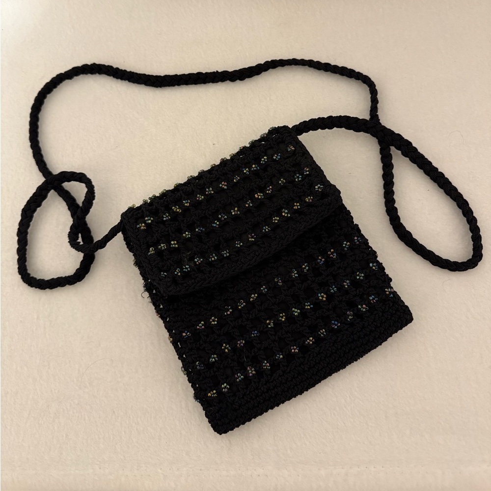 Crochet Iridescent Beaded Boho Mini Crossbody‎ Purse Braided Strap Navy Blue